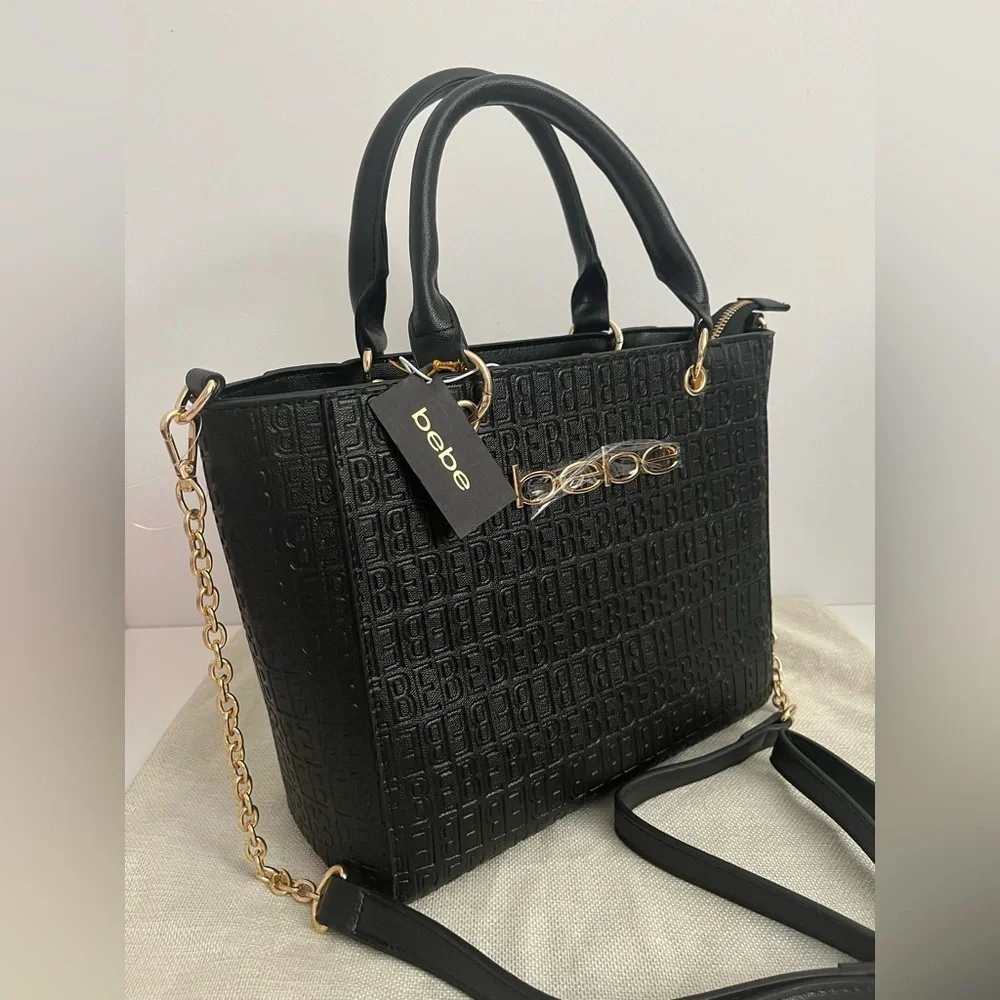 Bebe Celia Embossed Logo Satchel in Black (NWT)